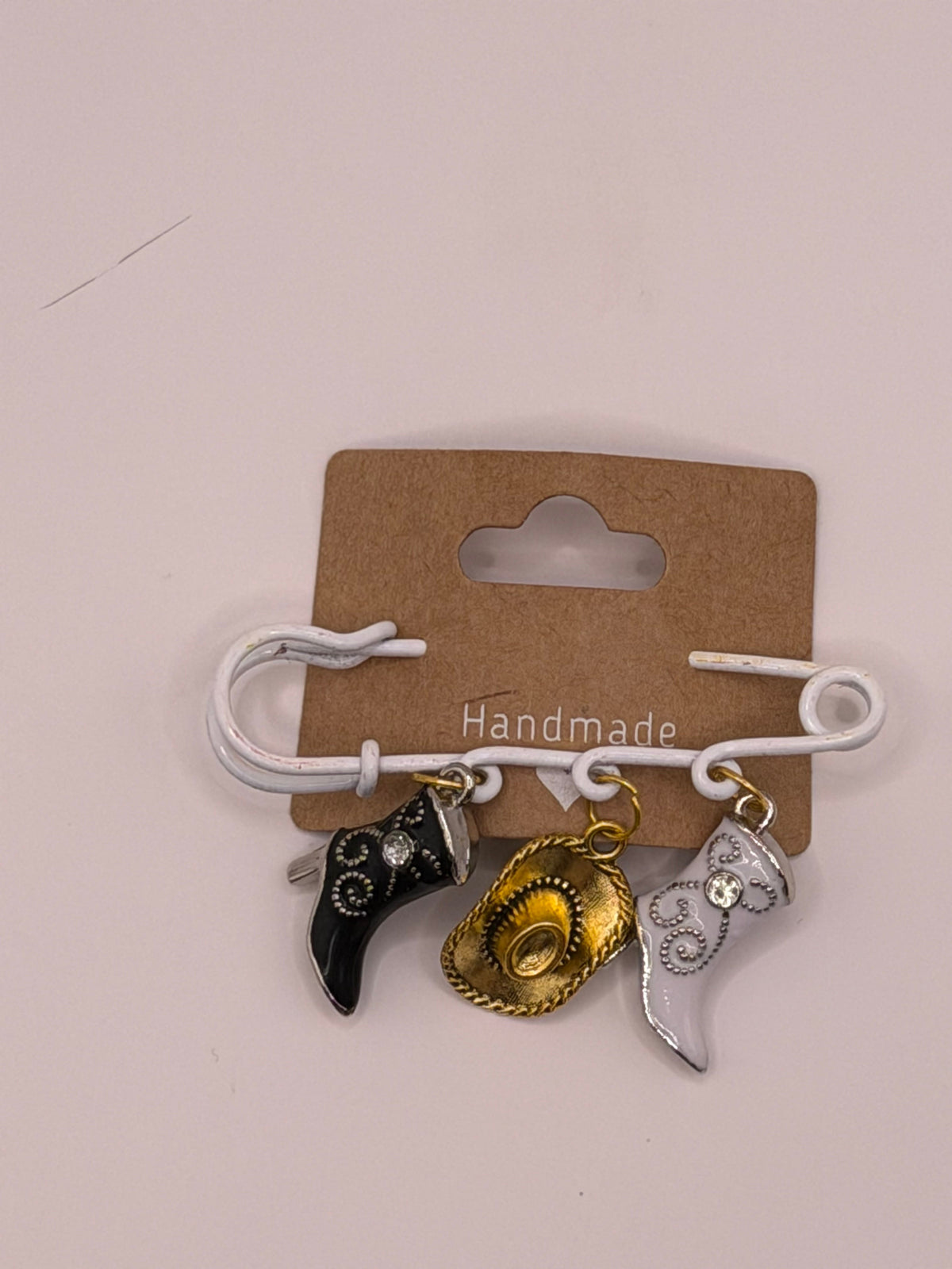 Handmade cowboy boot and hat charm pins on a white safety pin — Western style pins by Beads, Bling and Babes