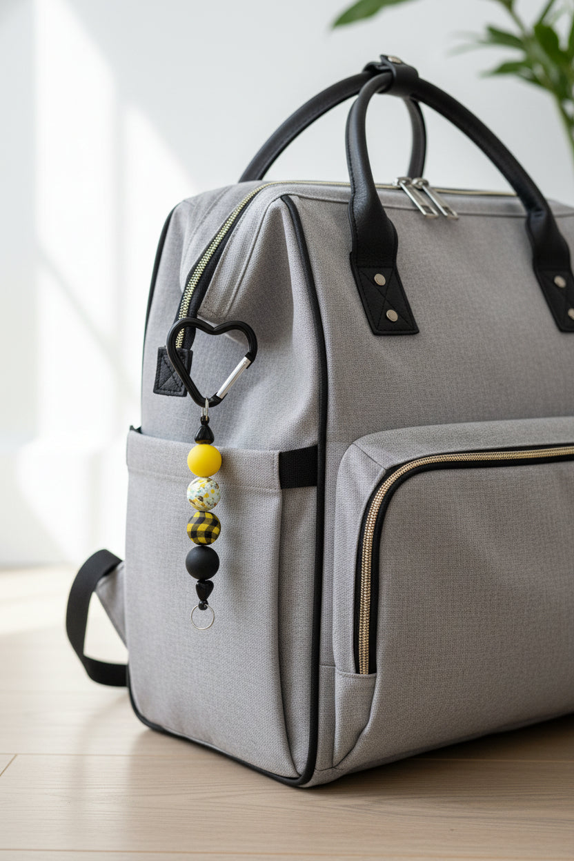 Yellow and black bee print beaded keychain with black heart carabiner clip