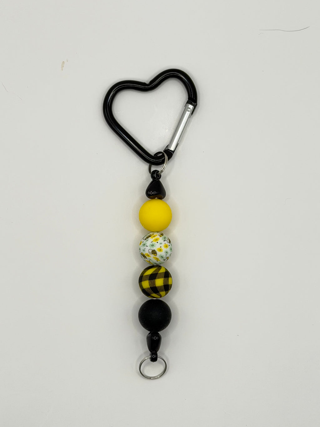 Yellow & Black Bee Print Beaded Heart Keychain