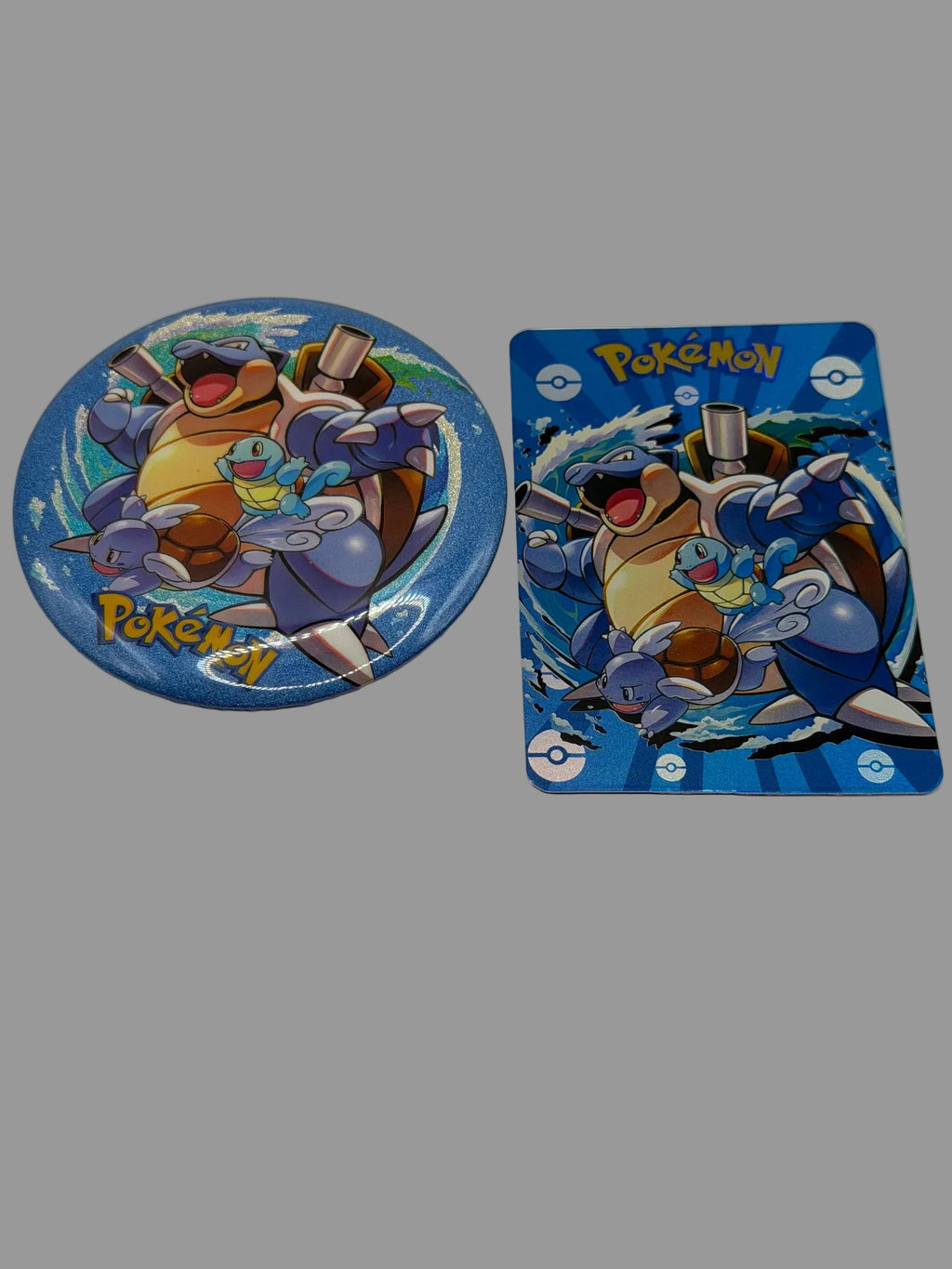 Pokémon Blastoise Wartortle Squirtle holographic button pin and matching collectible card set