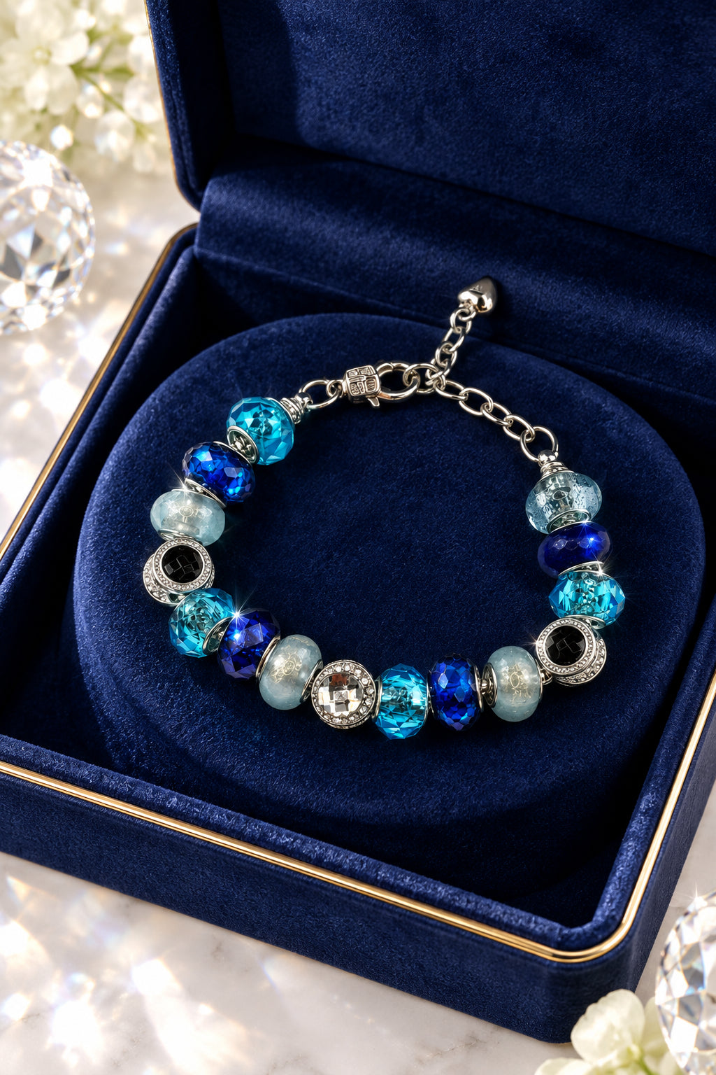 Navy teal grey Pandora-style bracelet with silver rhinestone focal beads