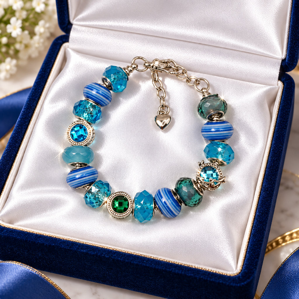 Aqua teal Pandora-style bracelet with square crystal focal beads