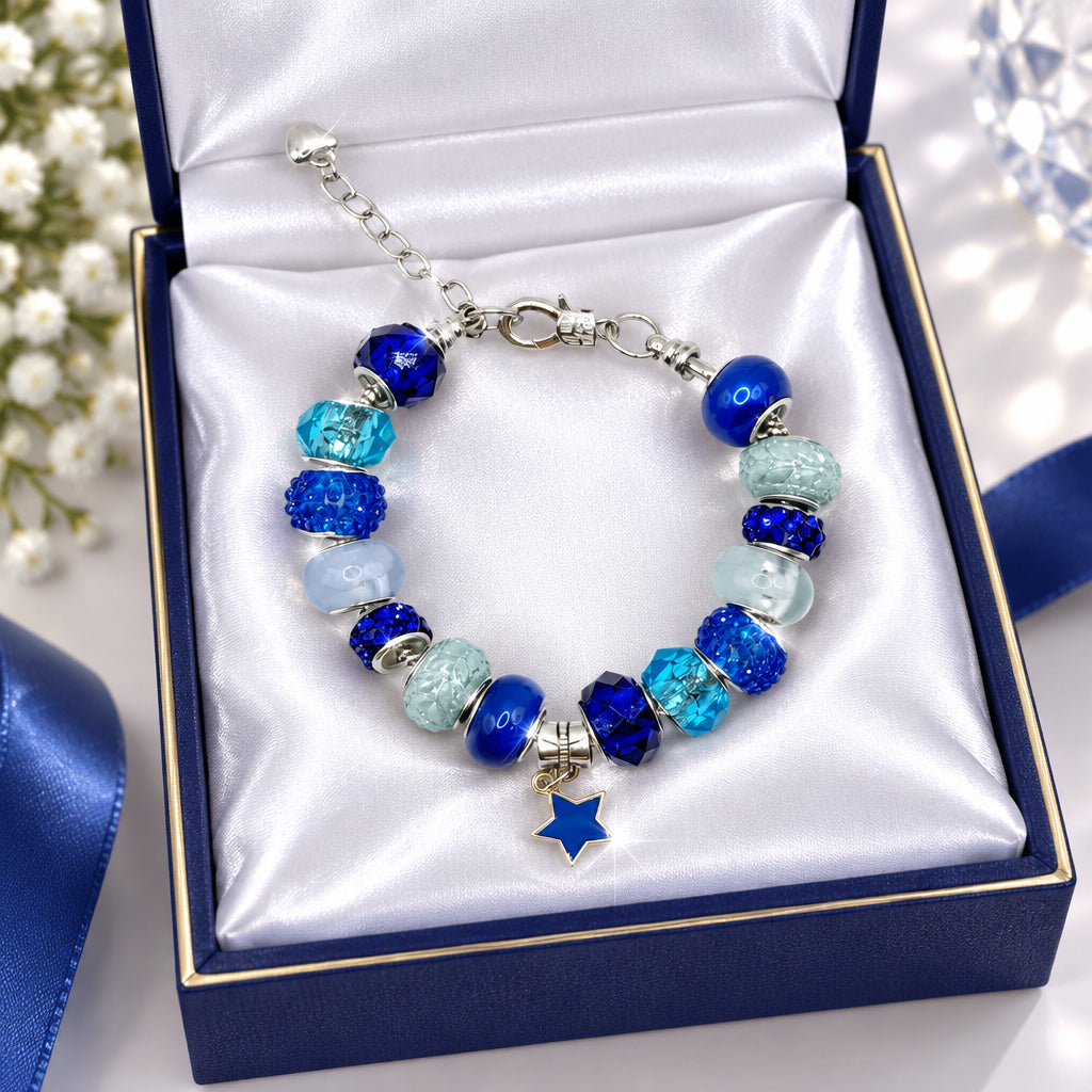 Cobalt blue Pandora-style bracelet with teal crystal beads and blue enamel star charm