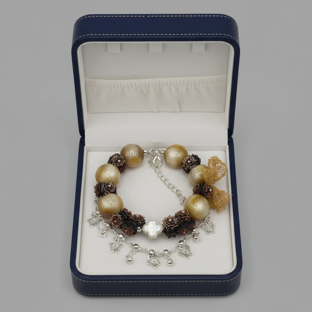 Golden beige bronze rose butterfly charm bracelet with silver pendants