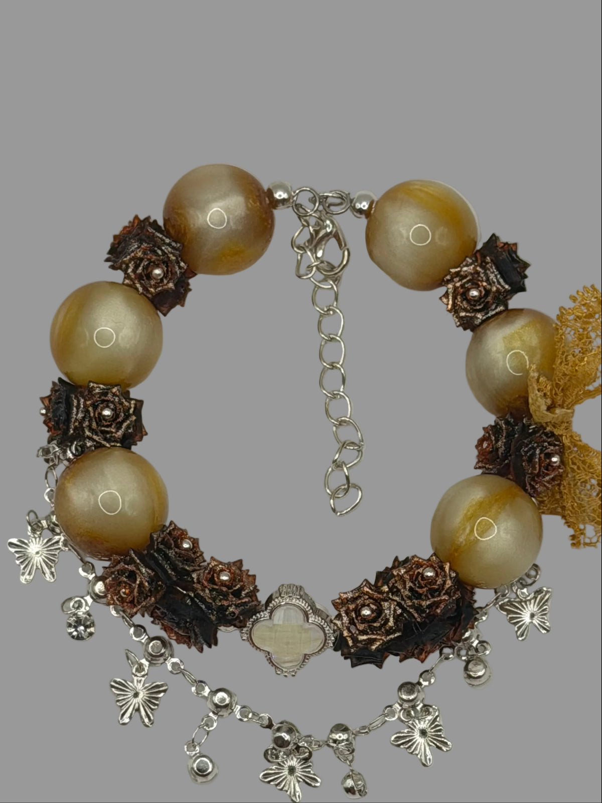 Golden Beige Bronze Rose Butterfly Charm Bracelet