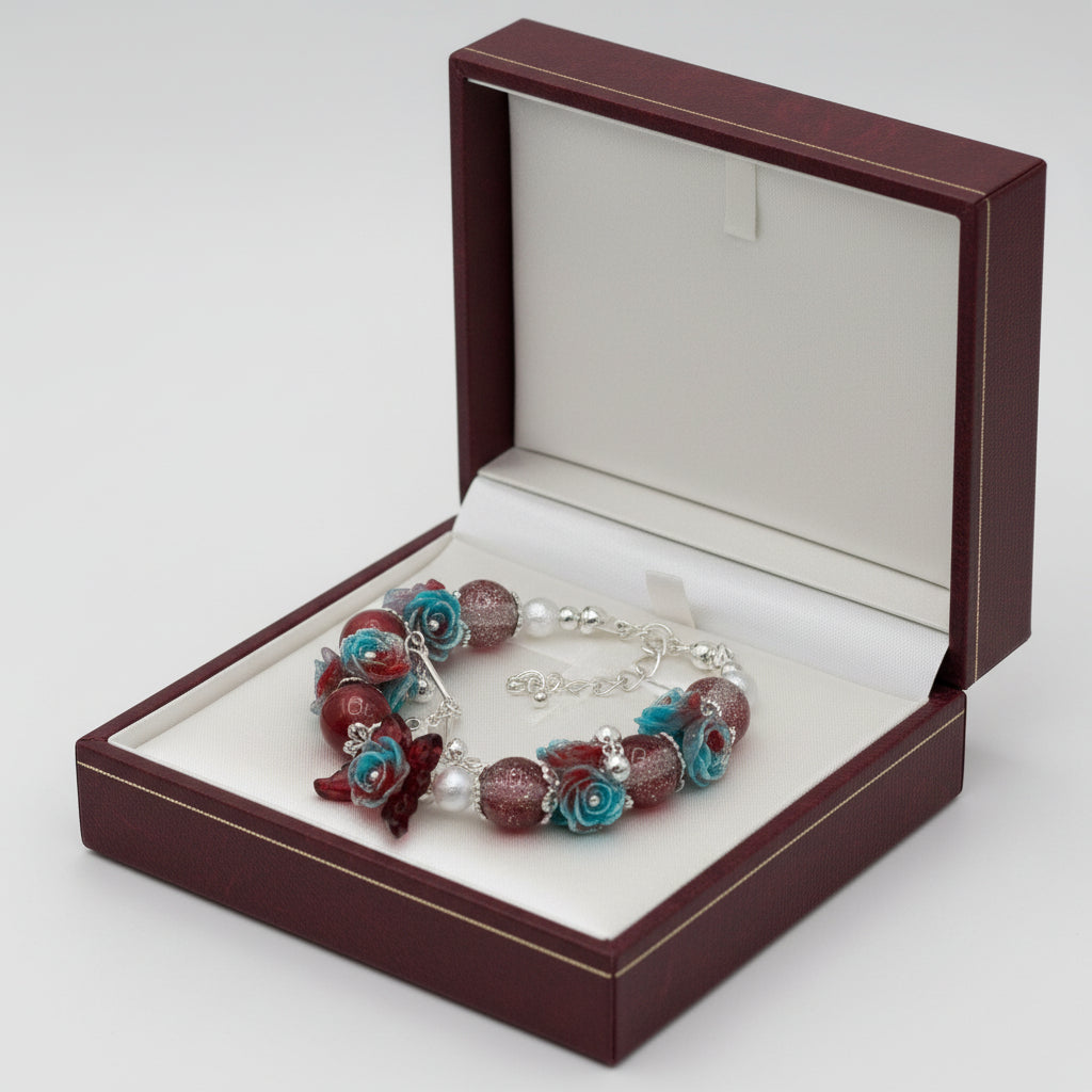 Burgundy teal rose butterfly charm bracelet with glitter beads