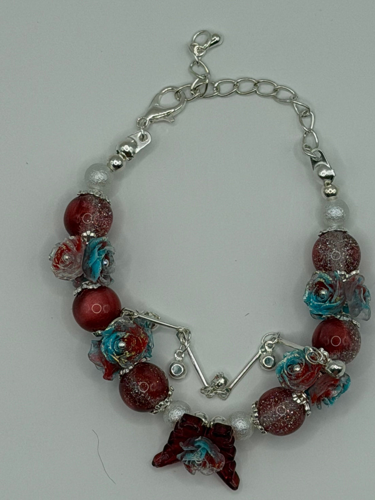 Burgundy Teal Rose Butterfly Charm Bracelet