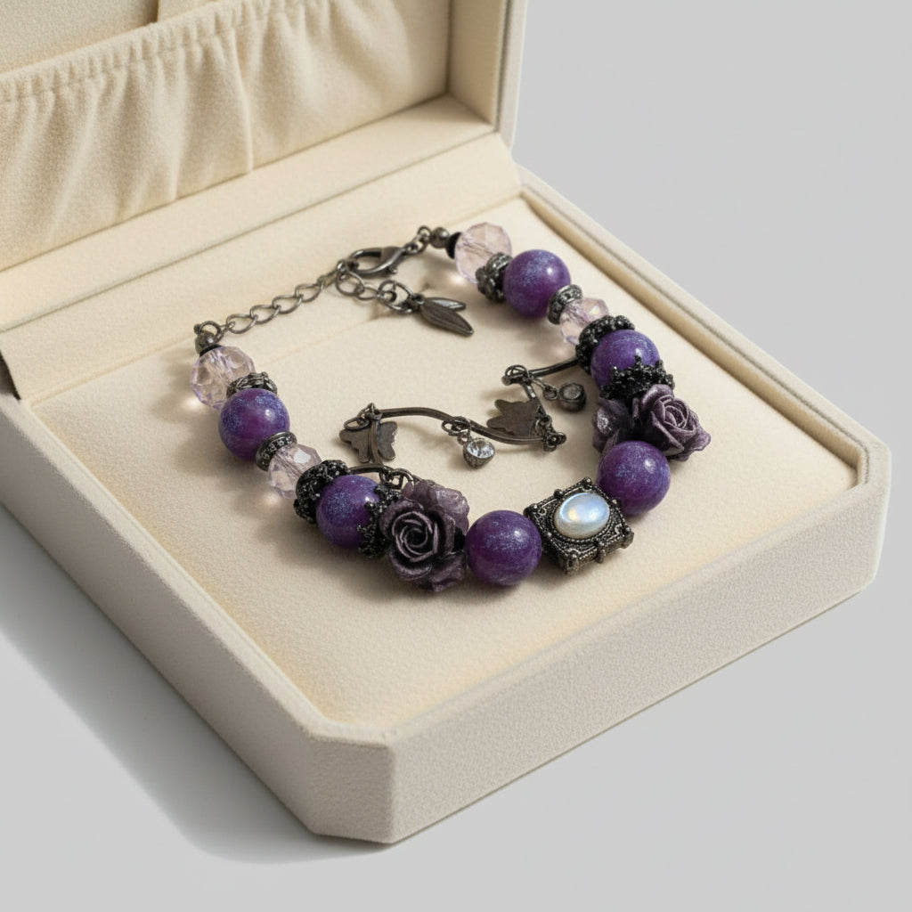 Purple glitter bead bracelet with gunmetal rose charms and dragonfly pendant