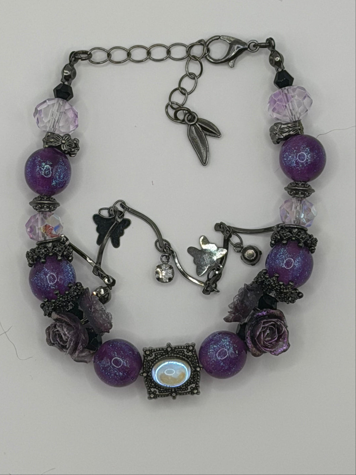 Purple Glitter Bead Gunmetal Rose Dragonfly Bracelet
