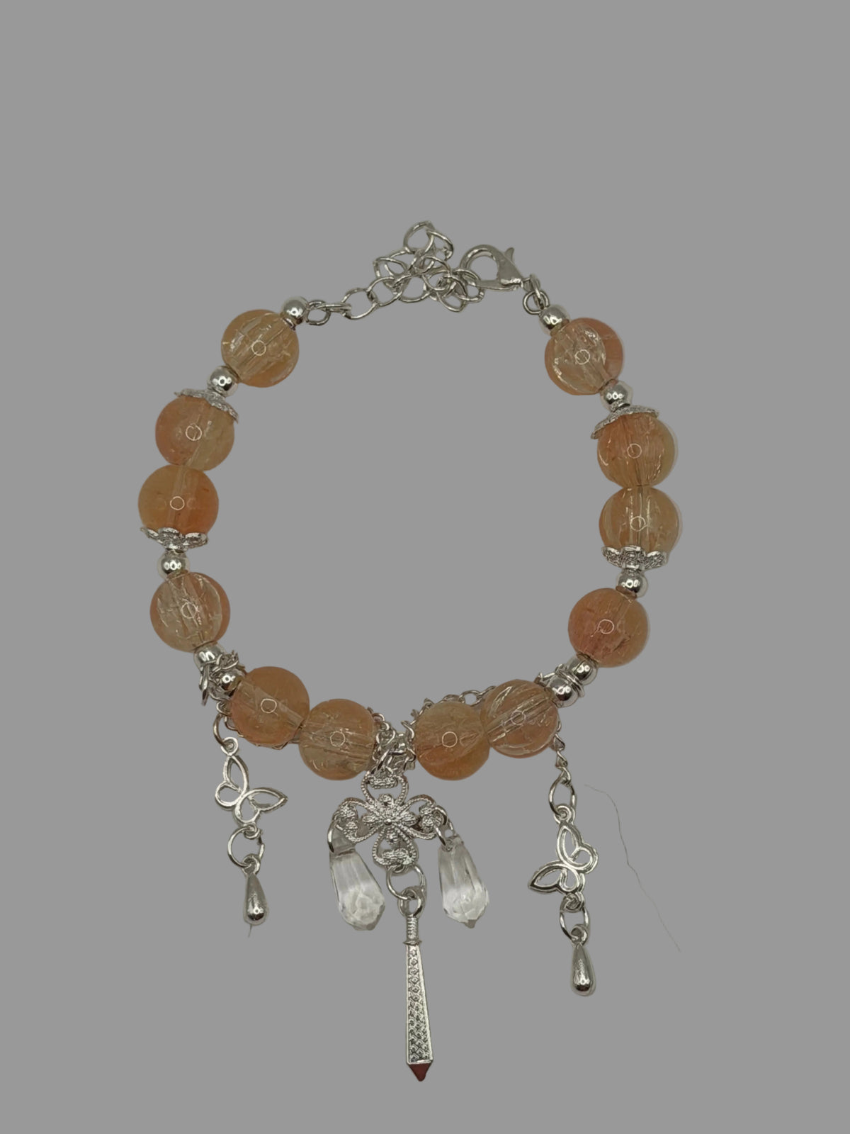 Peach Crystal Bead Butterfly Charm Bracelet