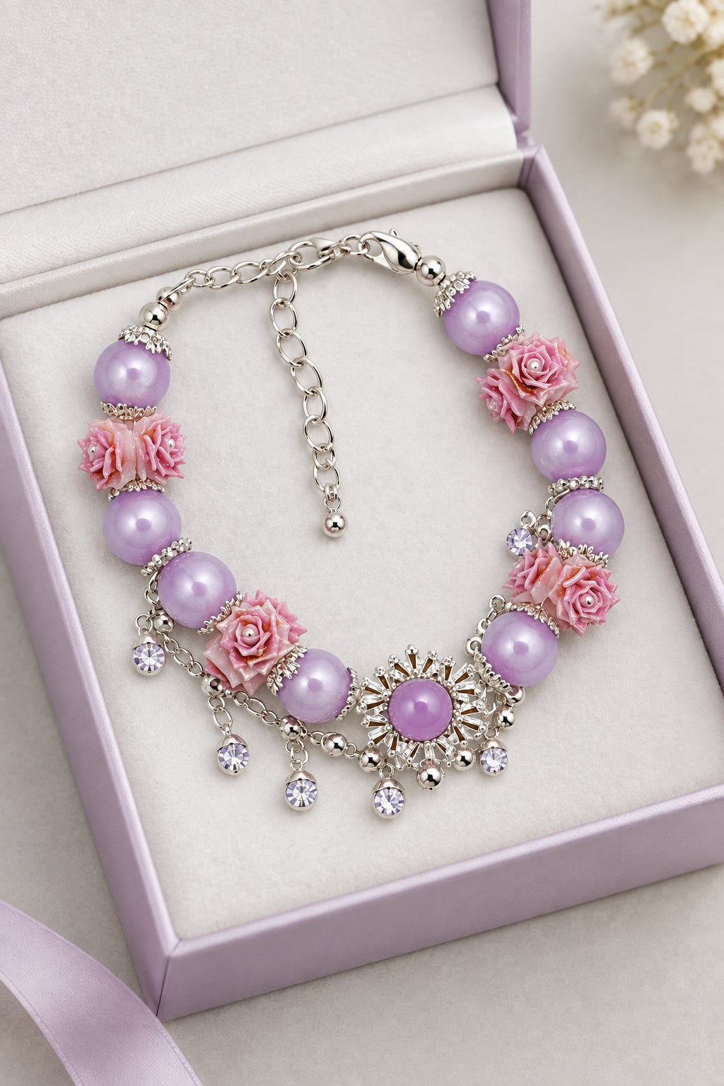 Lavender rose flower charm bracelet with silver sunflower centerpiece