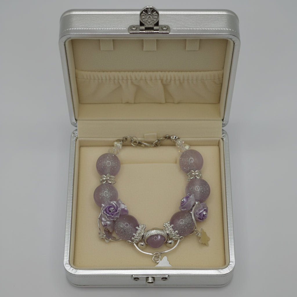 Frosted lavender rose butterfly charm bracelet with crystal accents