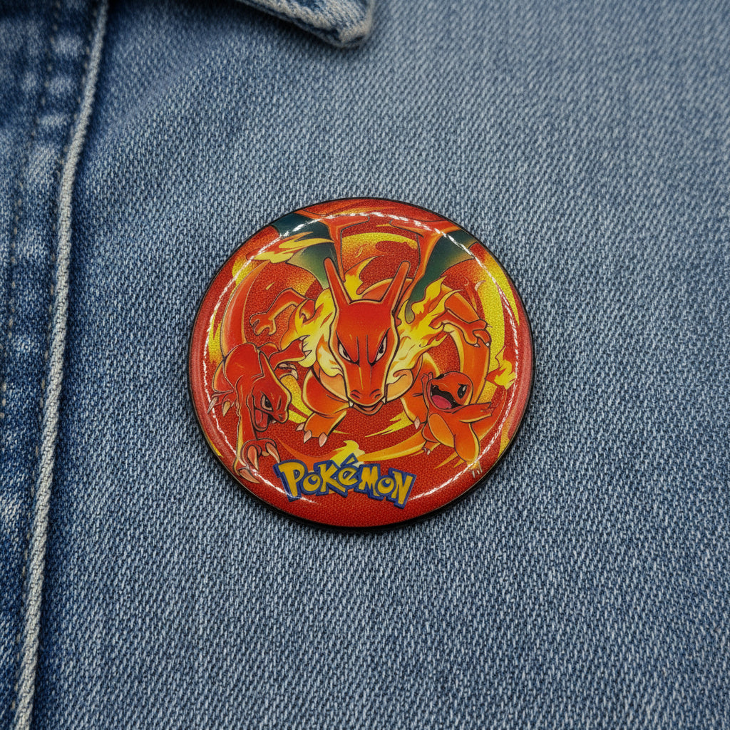 Pokémon Charizard Charmeleon Charmander button pin and matching collectible card set on white background
