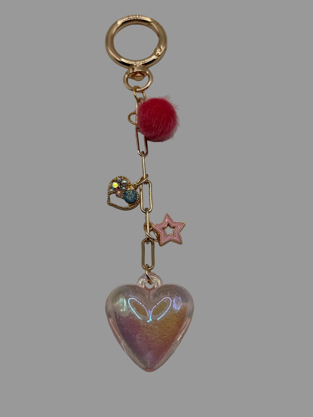Iridescent Heart Pom-Pom Charm Keychain