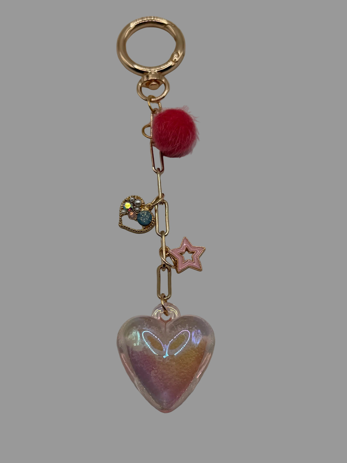 Iridescent Heart Pom-Pom Charm Keychain