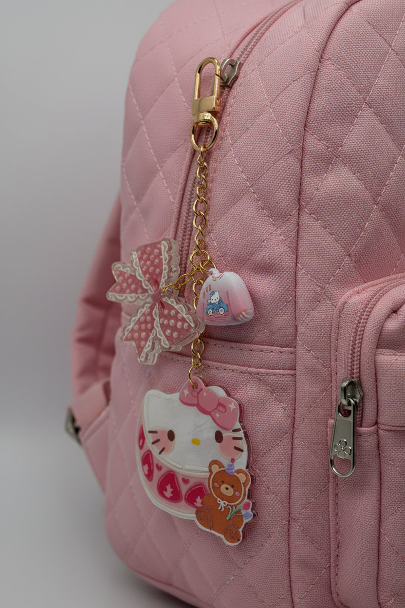 Hello Kitty strawberry teddy bear acrylic charm keychain with bubble bow and mini Hello Kitty car charm on gold chain
