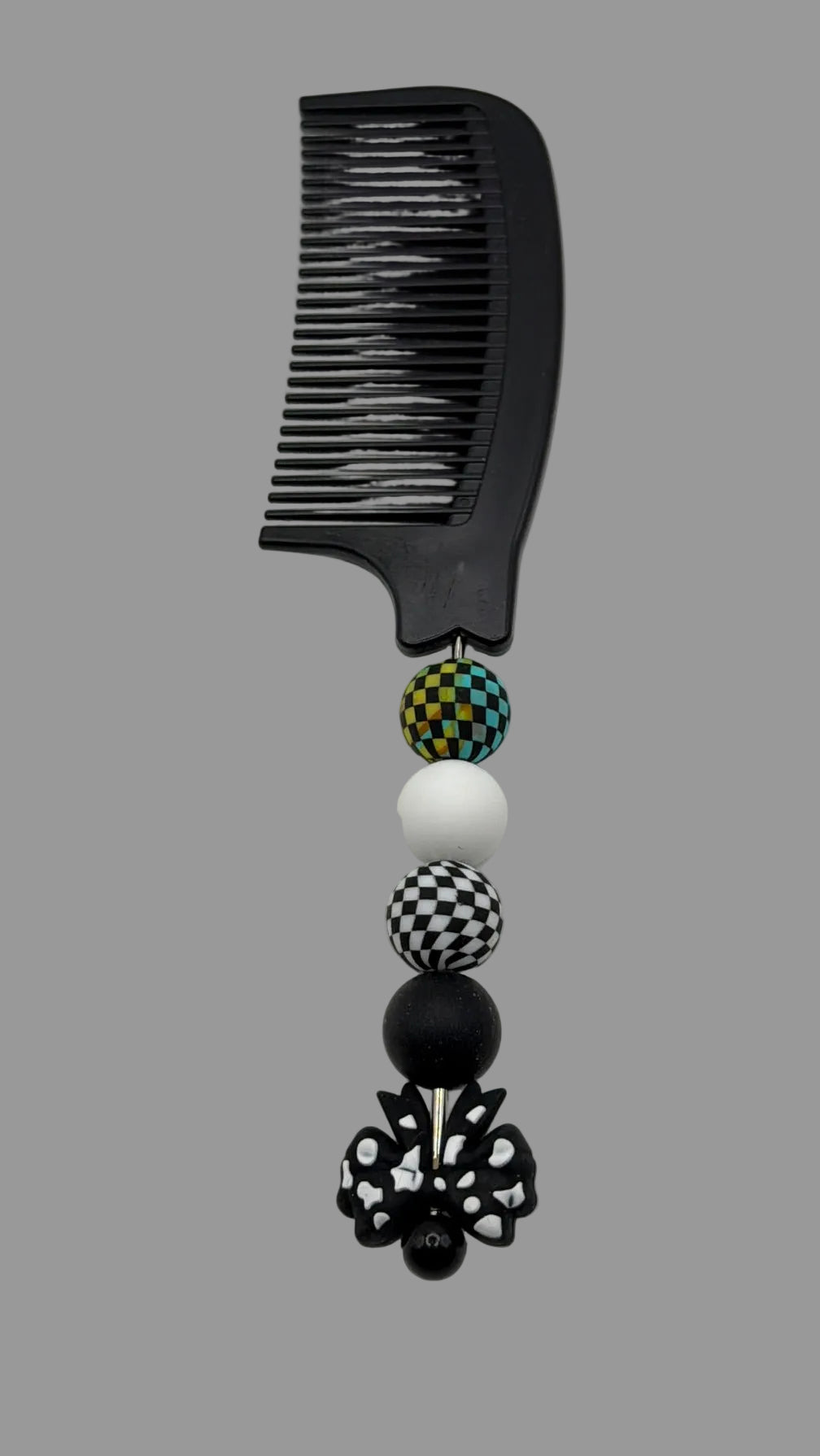 Black & White Checkered Bow Beaded Comb