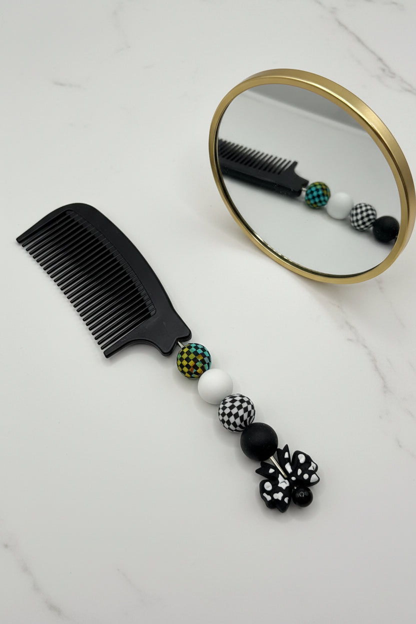 Black & White Checkered Bow Beaded Comb