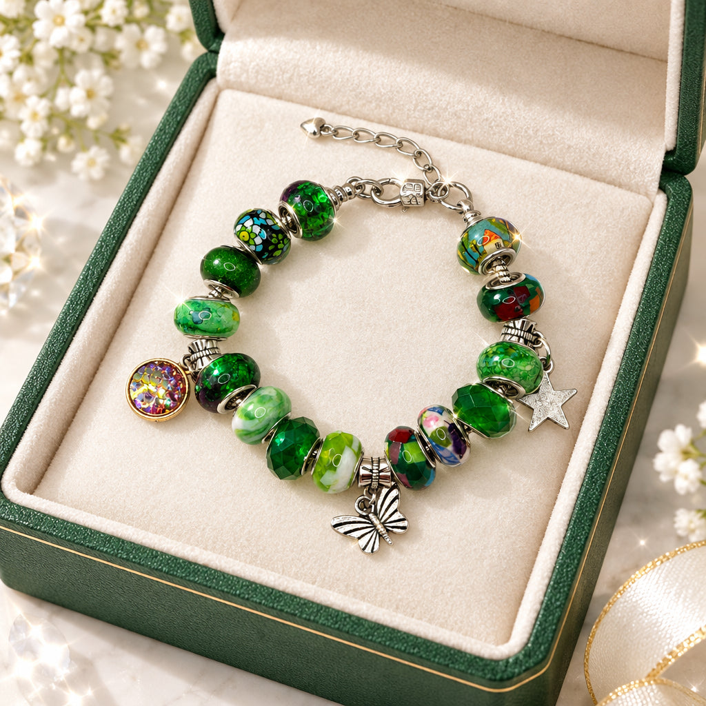 Emerald green murano glass Pandora-style bracelet with butterfly and star charms