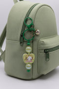 Kitty Baby green jade beaded keychain with white flower charm and holographic heart charm