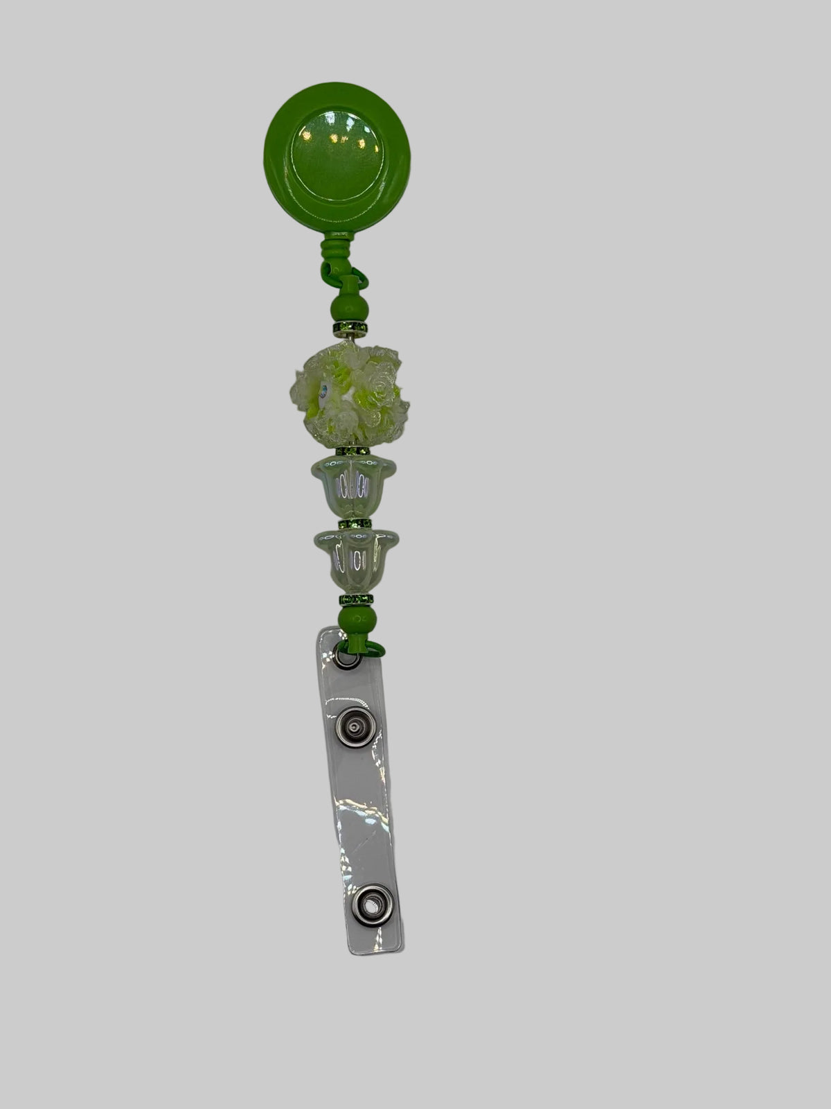 Green floral chunky beaded badge reel lanyard with clear crown beads and rhinestone spacers