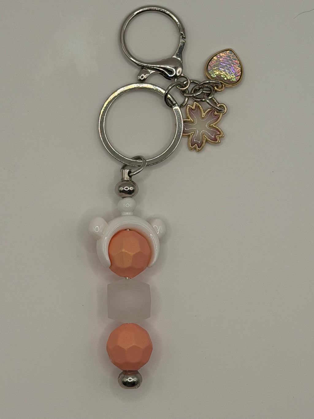 Peach Teddy Bear Sakura Heart Beaded Keychain