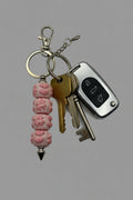 Pink hearts and flowers raised relief beaded pen keychain with silver spike tip and lobster clasp