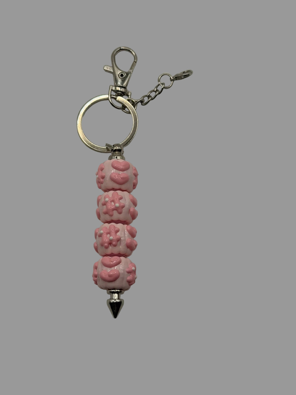 Pink Hearts & Flowers Raised Relief Beaded Pen Keychain