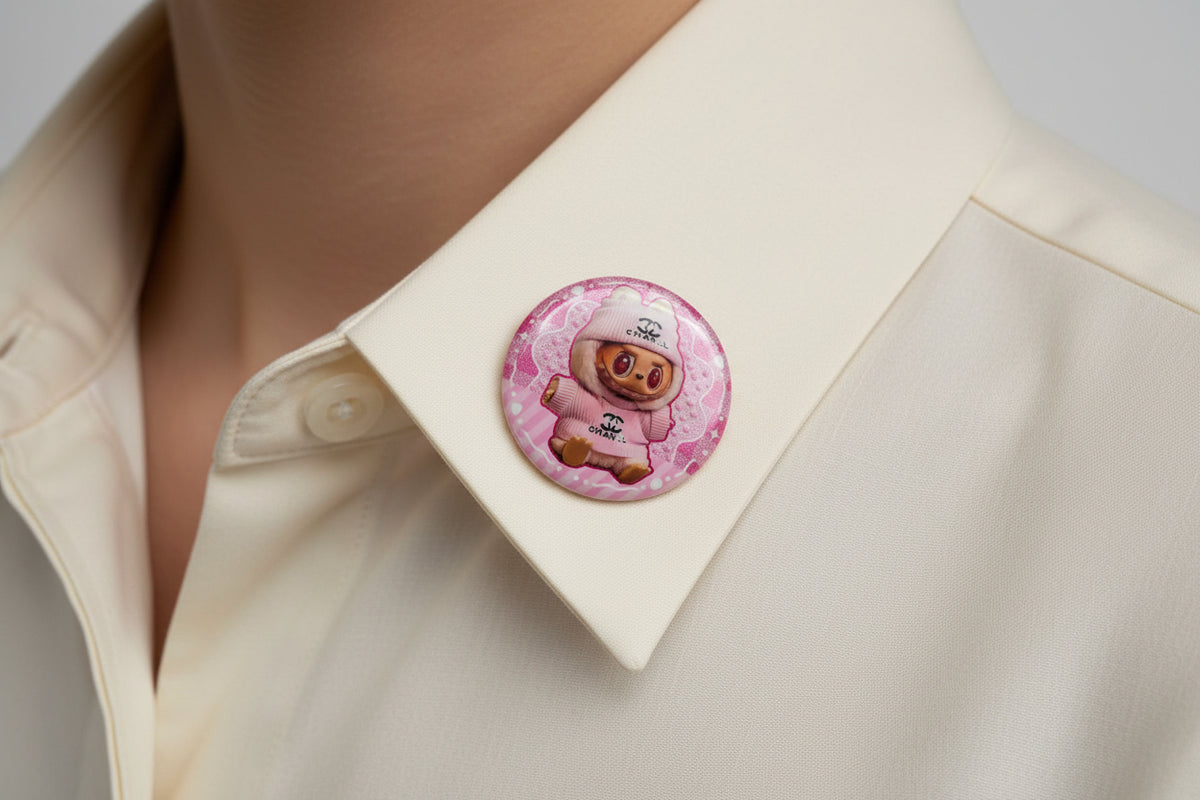 Pink Labubu Fashion-Inspired Button Pin & Collectible Card