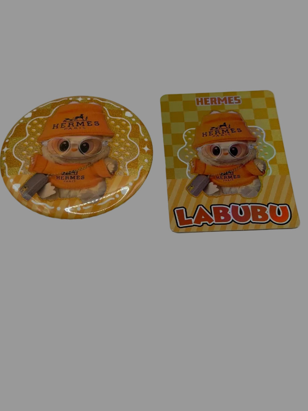 Orange Designer-Inspired Labubu Button Pin & Collectible Card