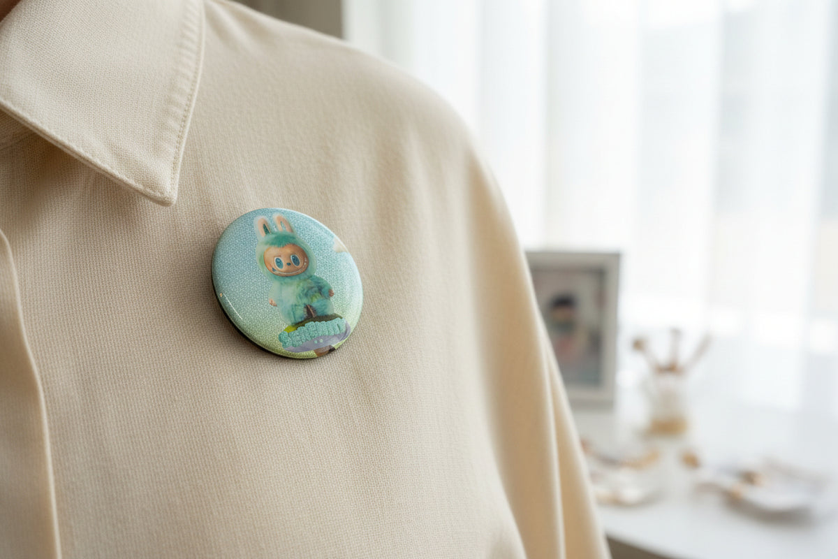 Mint green Serenity character button pin beside its matching collectible card