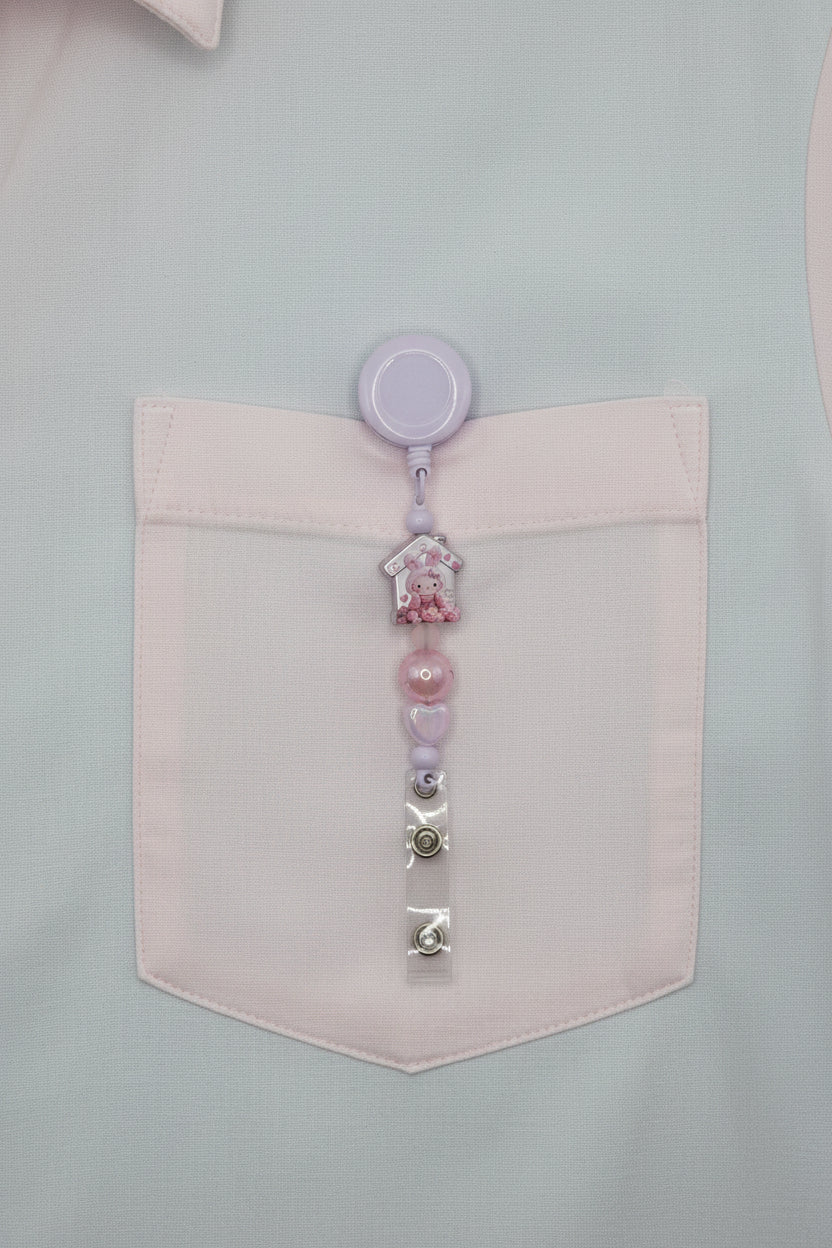 Lavender bunny charm beaded badge reel lanyard with silver bunny house charm and heart bead