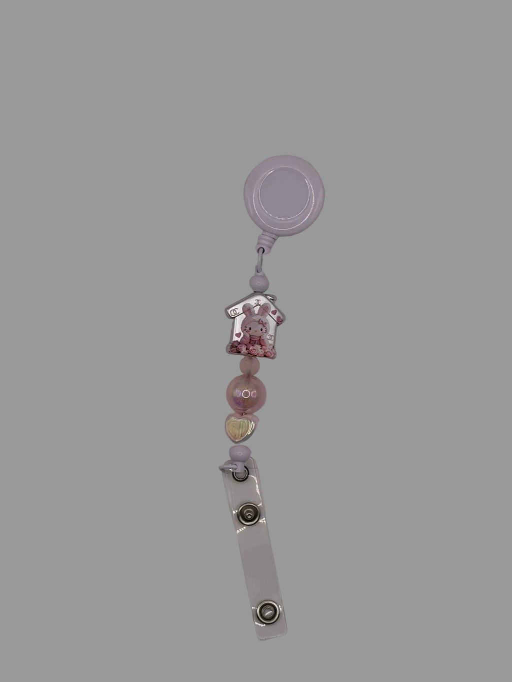 Lavender Bunny Charm Beaded Badge Reel Lanyard