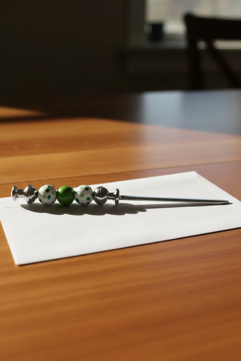 Green and white polka dot beaded letter opener with solid green accent bead