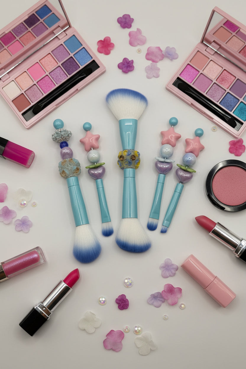 Set of 5 teal blue makeup brushes with ombre bristles and floral star beaded handles