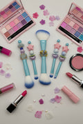 Set of 5 teal blue makeup brushes with ombre bristles and floral star beaded handles