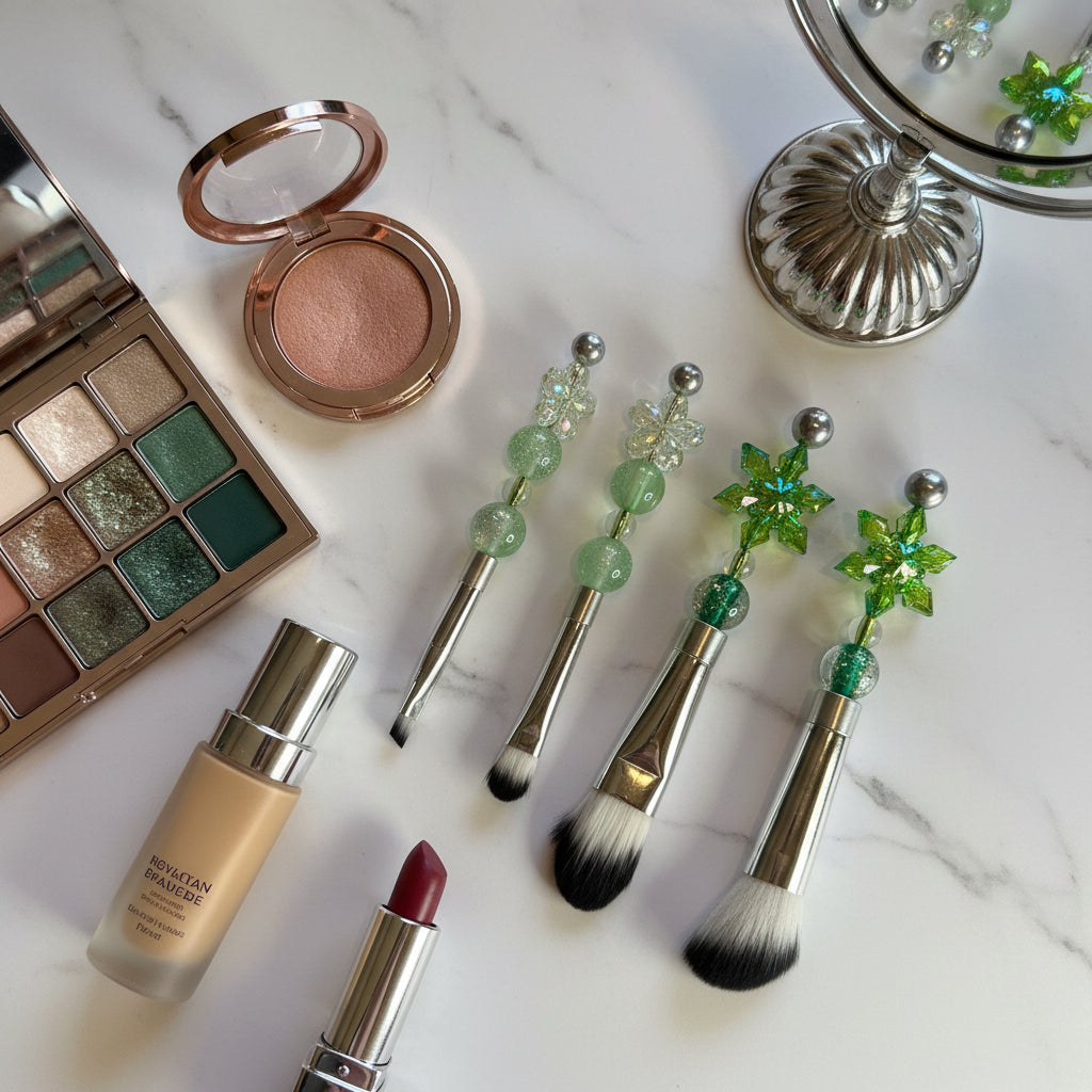 Five green crystal and snowflake beaded makeup brushes with chrome handles
