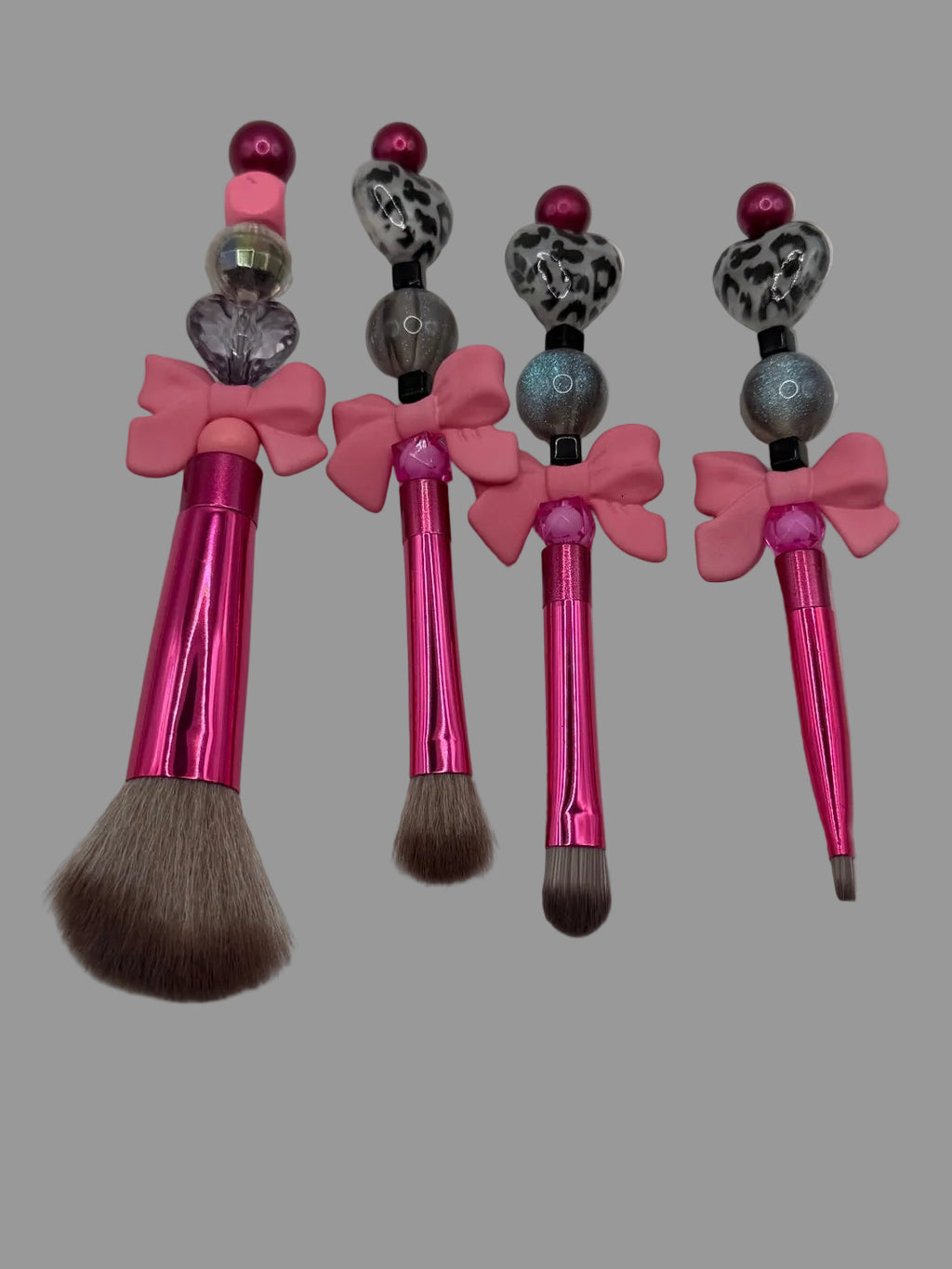 Pink Leopard Bow Beaded Makeup Brush Set