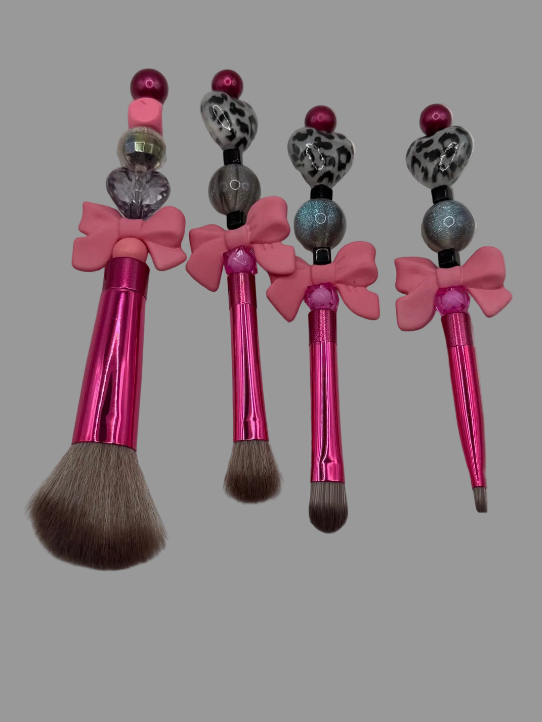 Pink Leopard Bow Beaded Makeup Brush Set