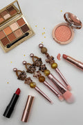Set of 5 rose gold makeup brushes with leopard butterfly and amber beaded handles