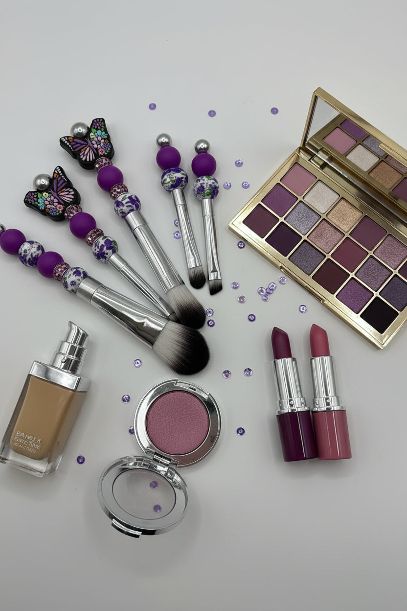 Set of 5 silver makeup brushes with purple butterfly charms and beaded handles