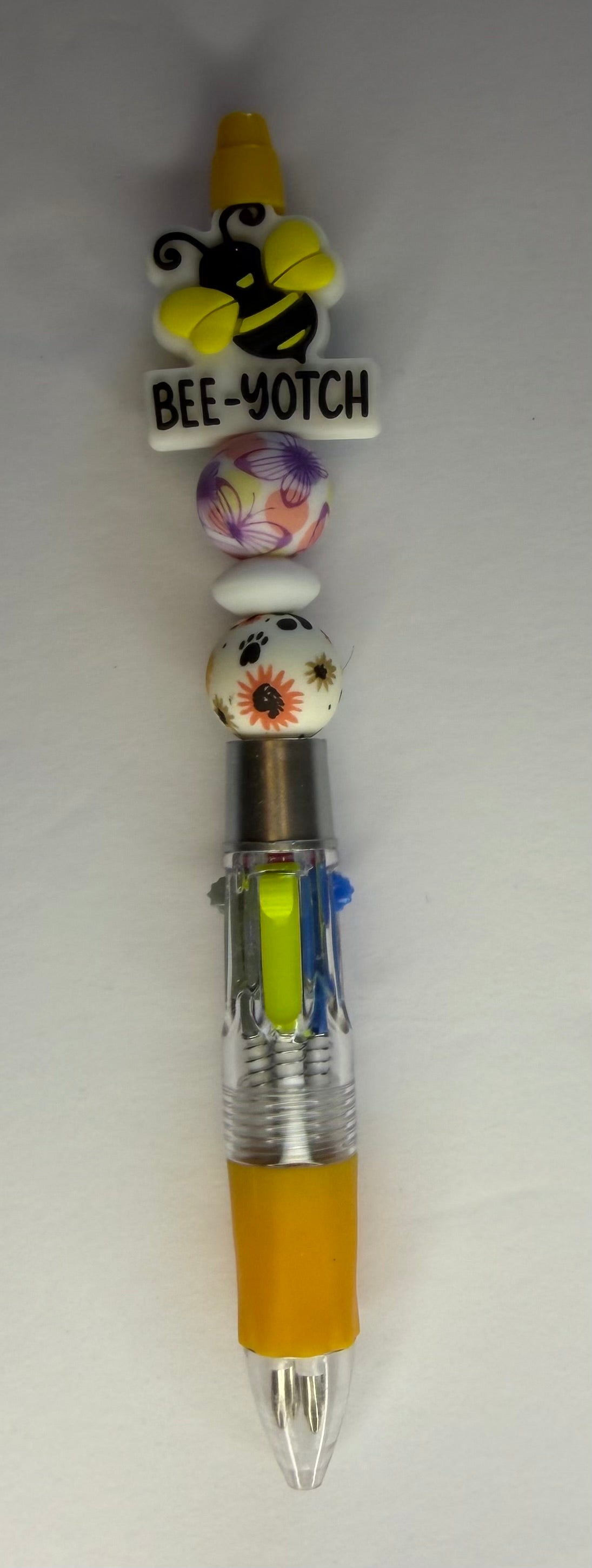 Bee-Yotch multi-color beaded pen with bee charm topper
