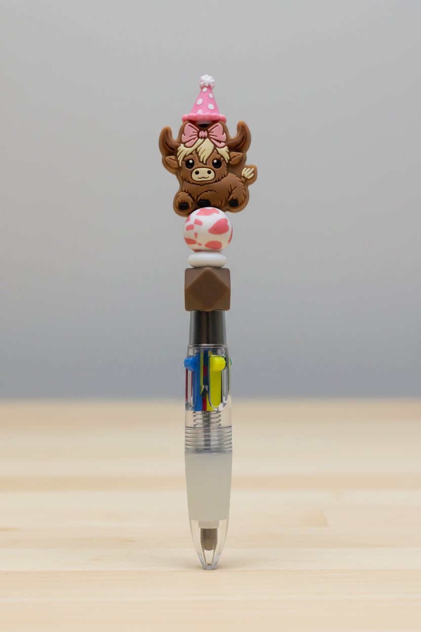 Highland cow multi-color beaded pen with pink bow charm topper