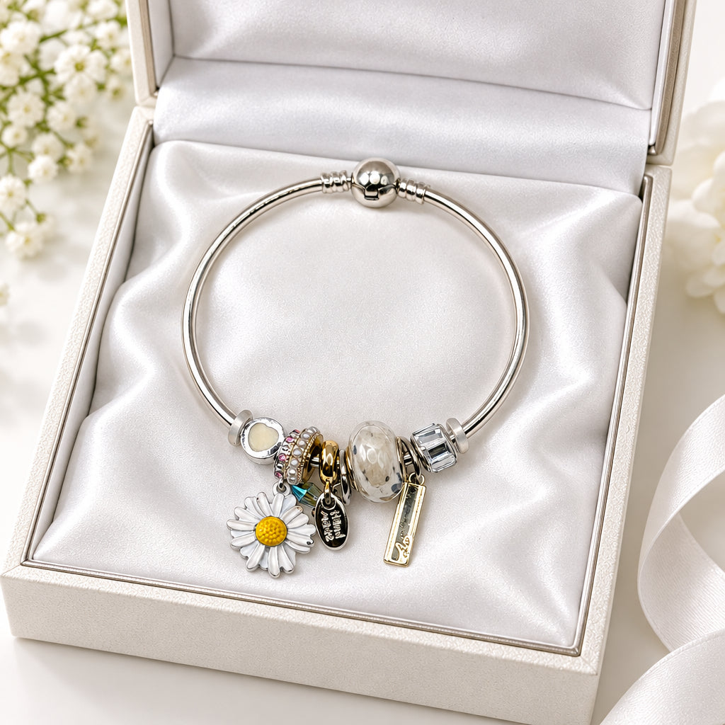 Silver Charm Bangle Bracelet with Daisy