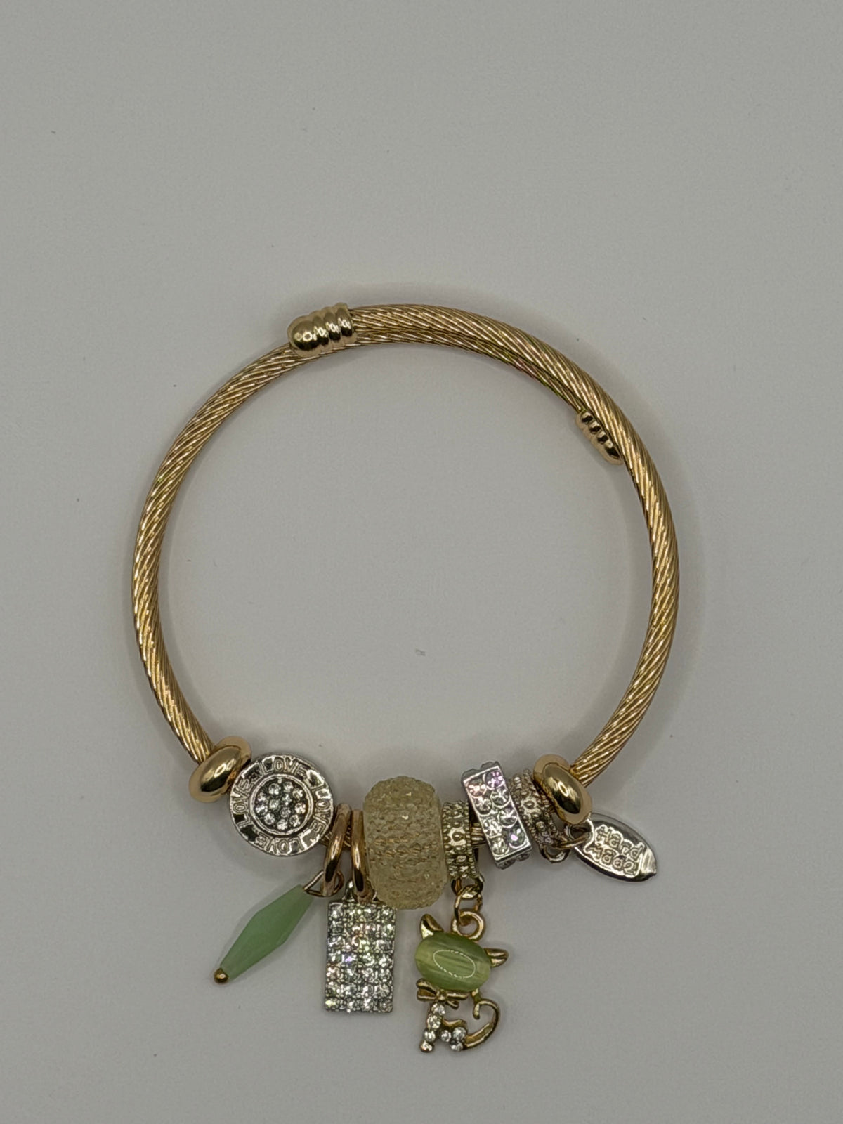 Gold Charm Bangle Bracelet with Green Charms