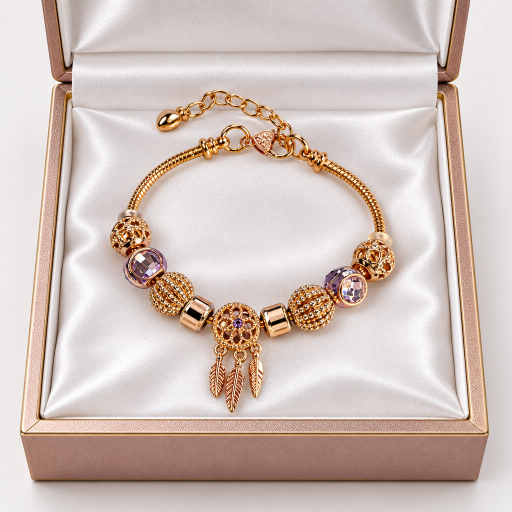 Rose gold dream catcher charm bracelet with feather drops and blush crystal beads