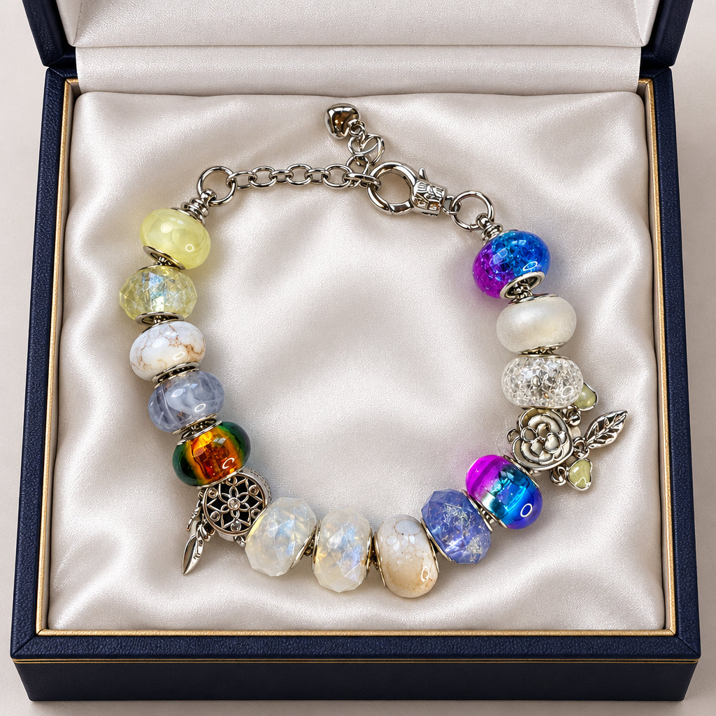 Silver multicolor dream catcher charm bracelet with angel wing charm and iridescent glass beads