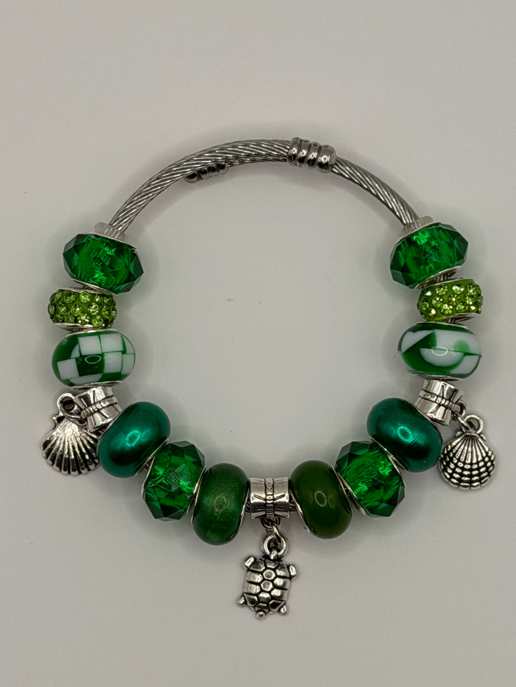 Green Crystal Turtle & Shell Charm Bangle Bracelet