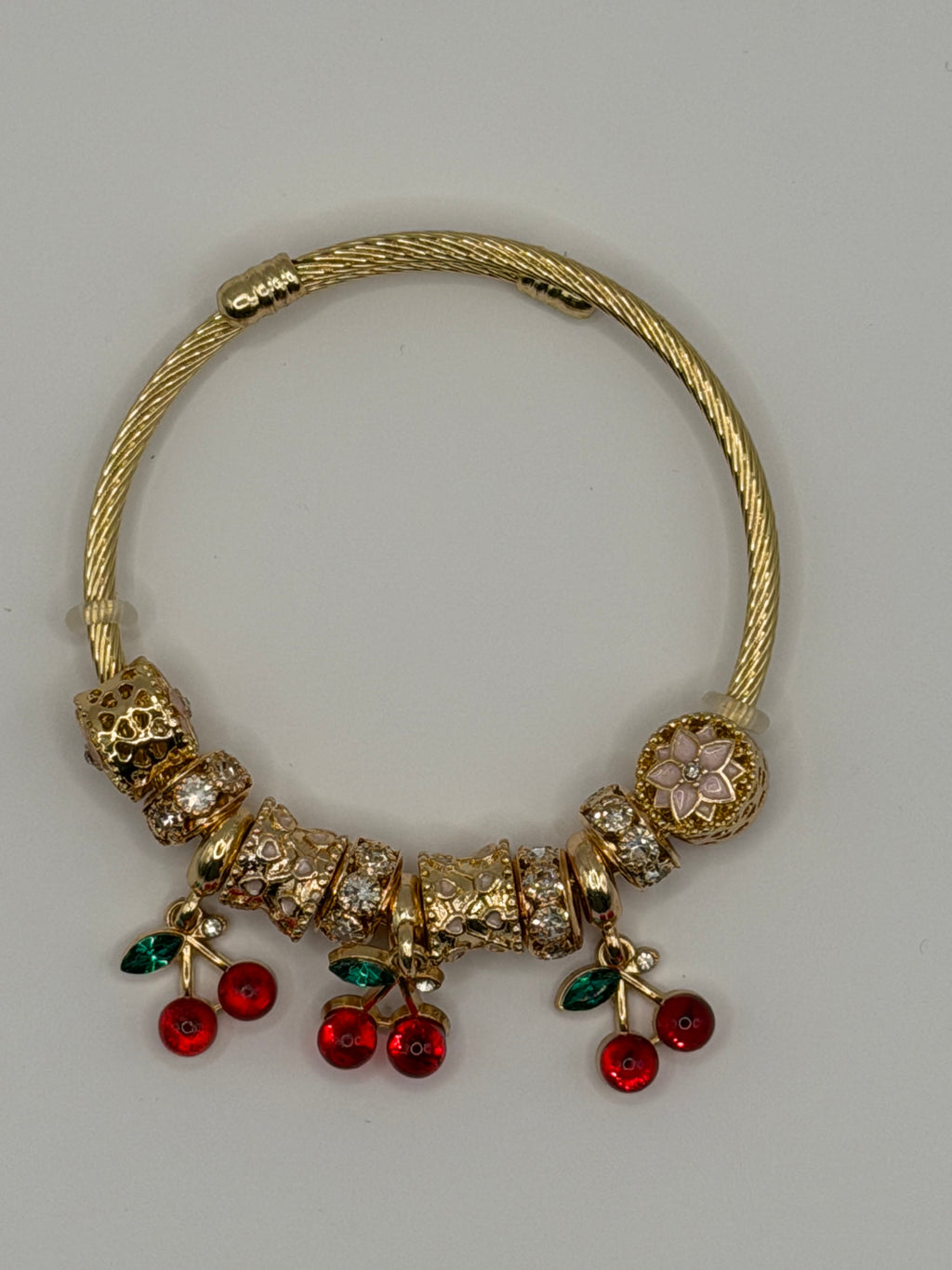 Gold Charm Bangle Bracelet with Cherry Charms