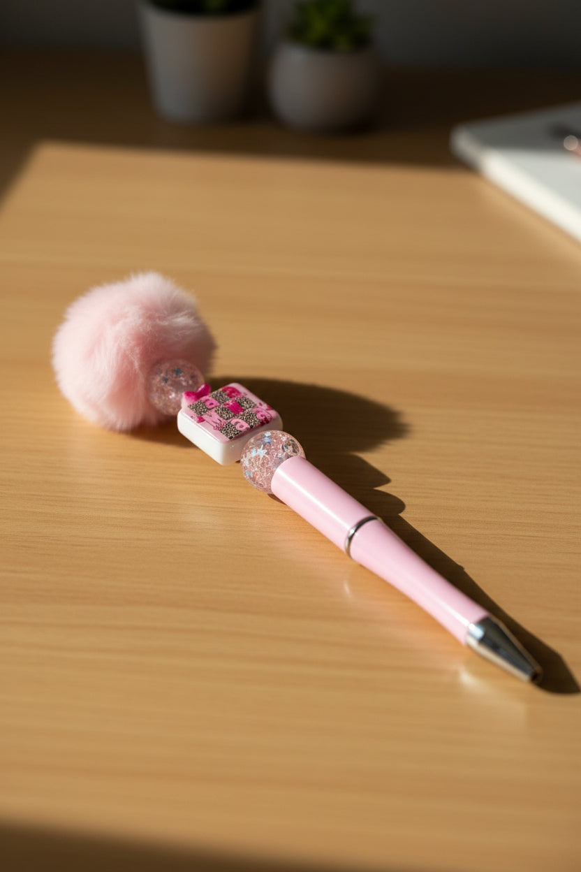Pink pom pom Mama beaded pen with crystal beads and rhinestone charm